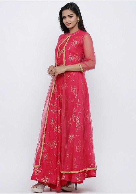Fuchsia Printed Blended Lehenga Choli