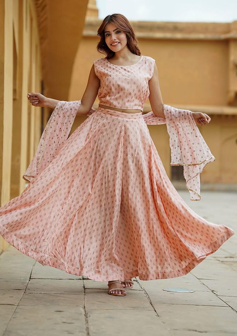 Cream Printed Blended Lehenga Choli