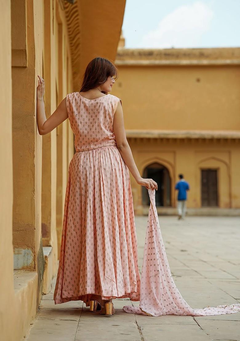 Cream Printed Blended Lehenga Choli