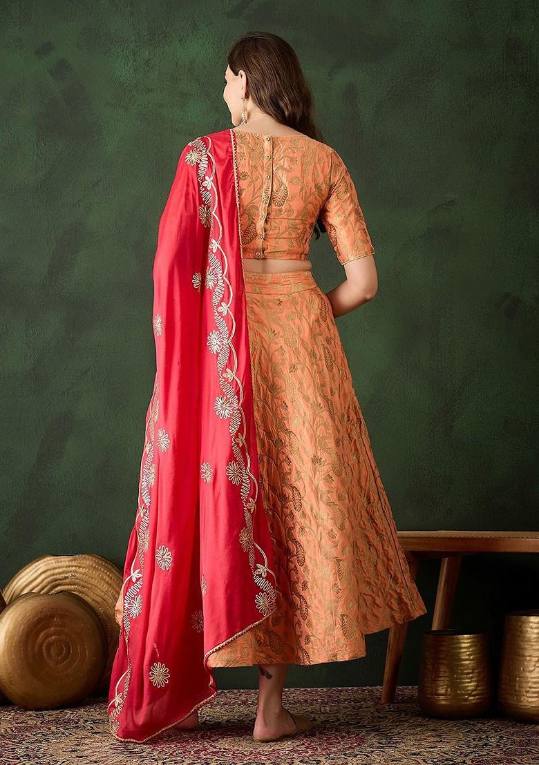 Peach Woven Design Blended Lehenga Choli - Indya