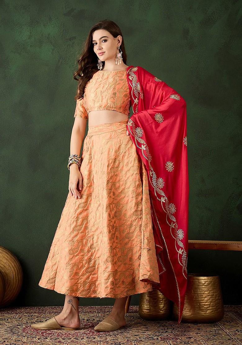 Peach Woven Design Blended Lehenga Choli