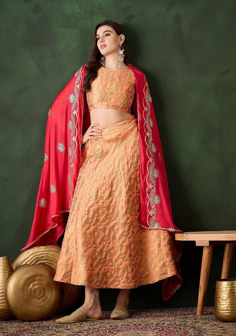 Peach Woven Design Blended Lehenga Choli