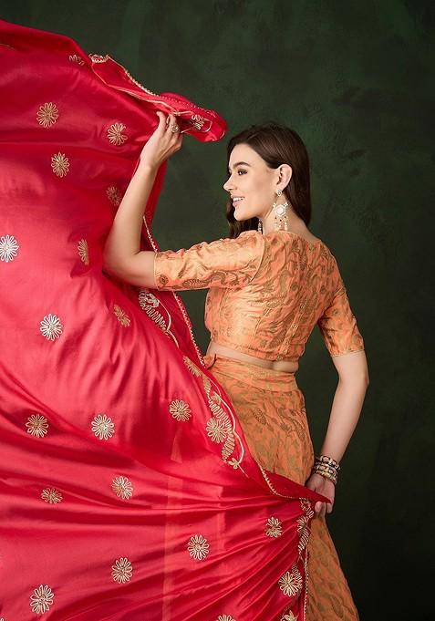 Peach Woven Design Blended Lehenga Choli