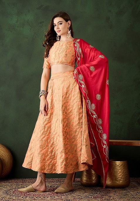Peach Woven Design Blended Lehenga Choli
