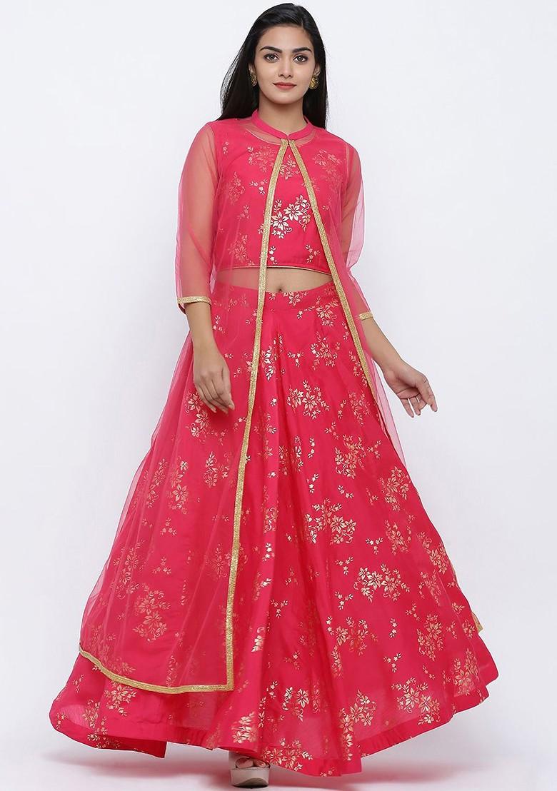 Pink Printed Blended Lehenga Choli
