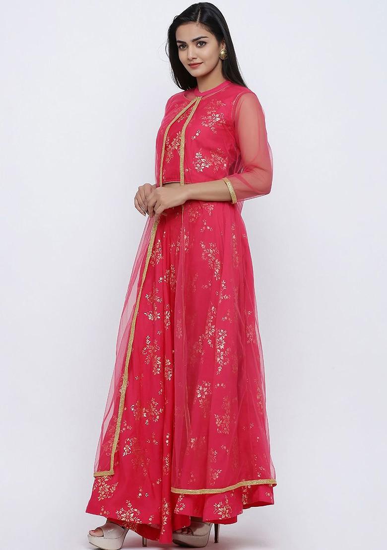 Pink Printed Blended Lehenga Choli - Indya