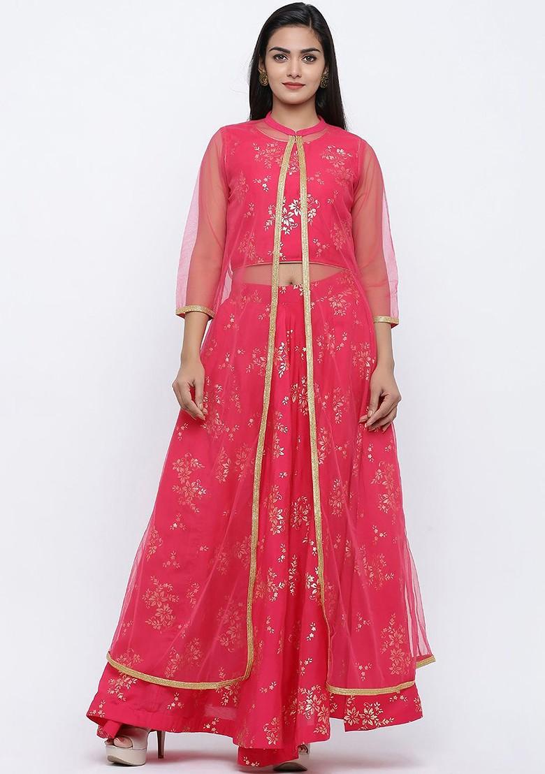 Pink Printed Blended Lehenga Choli