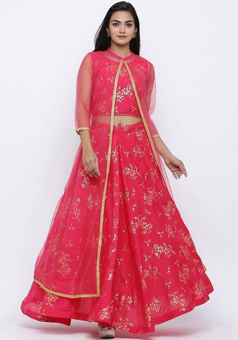 Pink Printed Blended Lehenga Choli