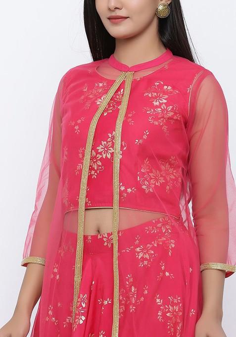 Pink Printed Blended Lehenga Choli