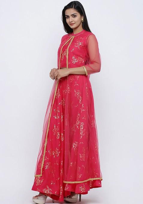 Pink Printed Blended Lehenga Choli