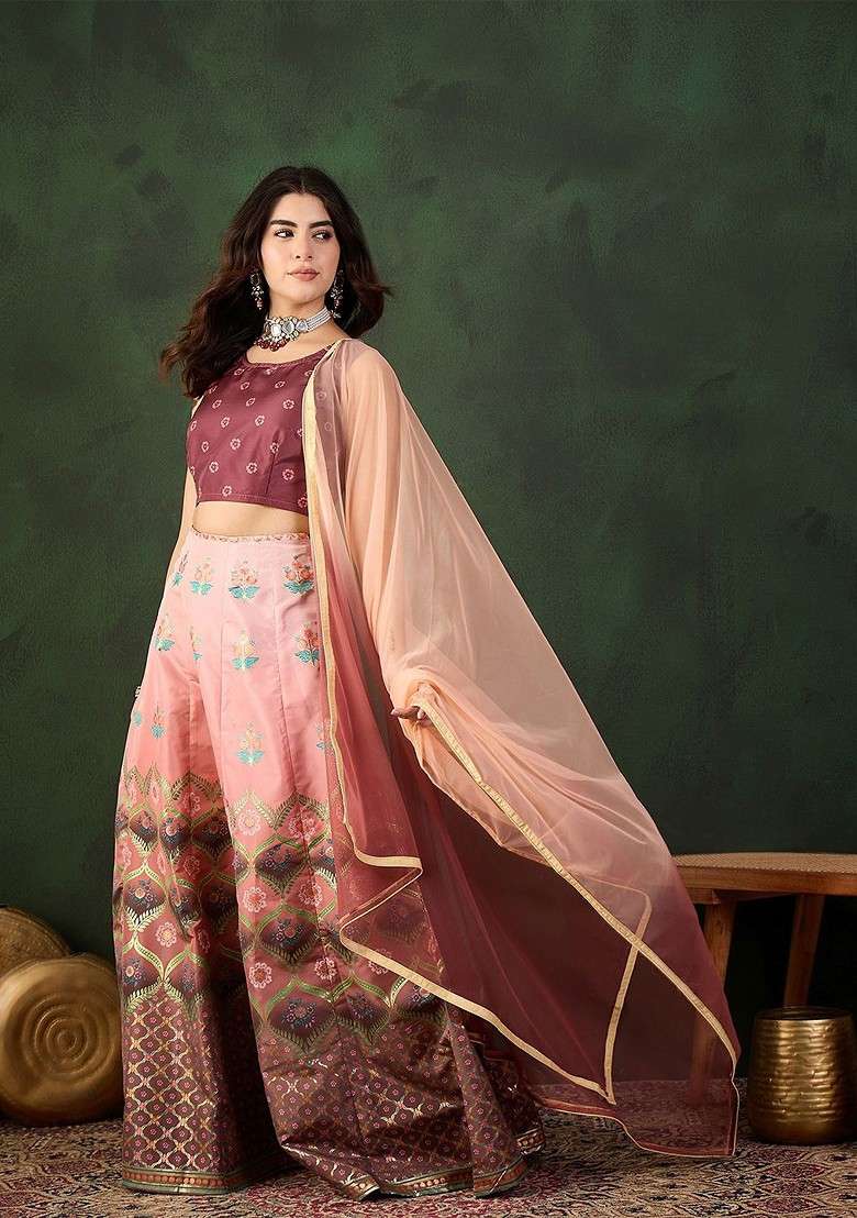 Coffee Brown Blended Choli Lehenga with Printed for Diwali | Wedding & Festive Wear - Indya
