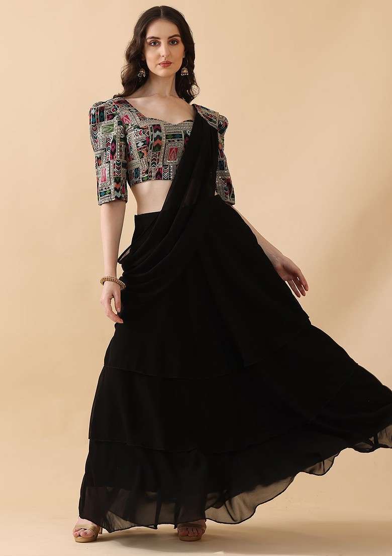 Black Emboridered Blended Lehenga Choli - Indya