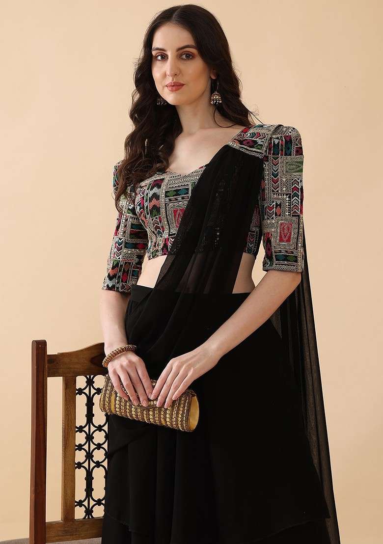 Black Emboridered Blended Lehenga Choli - Indya