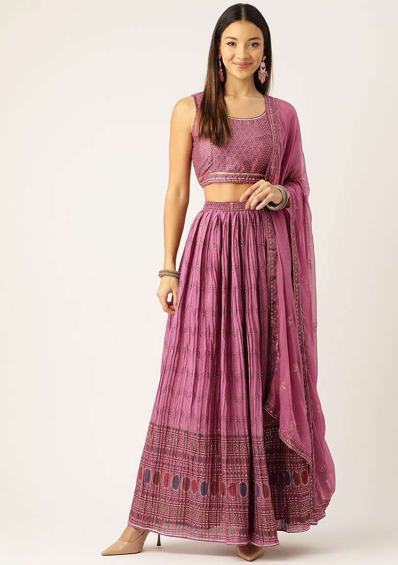 Pink Printed Blended Lehenga Choli - Indya