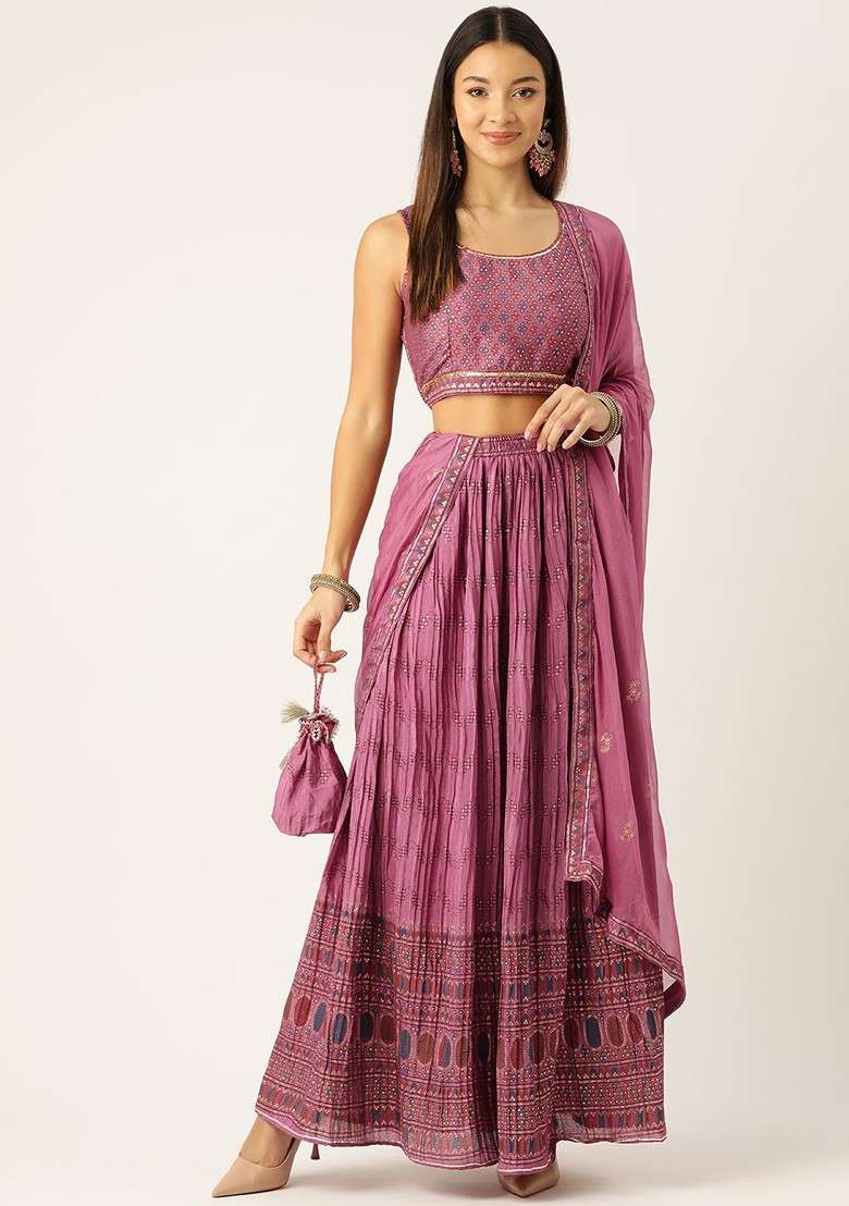 Pink Printed Blended Lehenga Choli - Indya