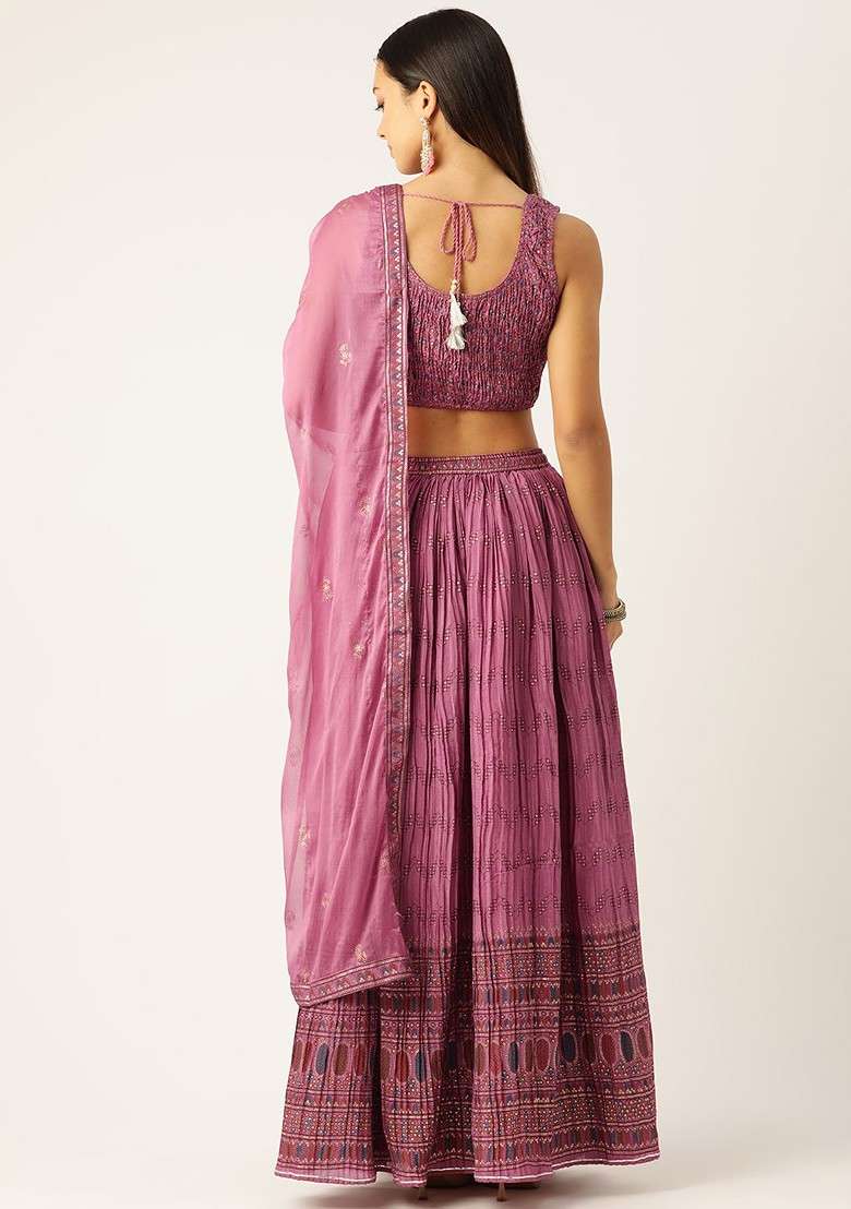 Pink Printed Blended Lehenga Choli - Indya