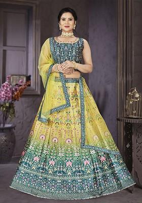 Yellow Printed Blended Lehenga Choli