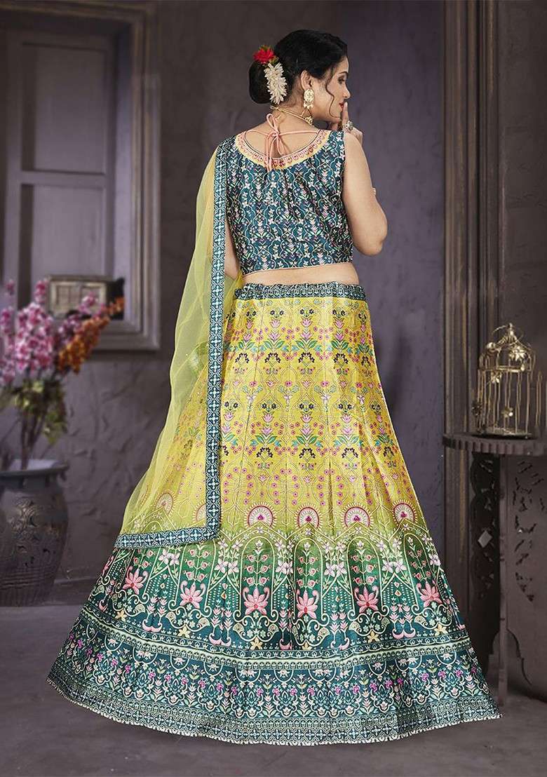 Yellow Printed Blended Lehenga Choli - Indya