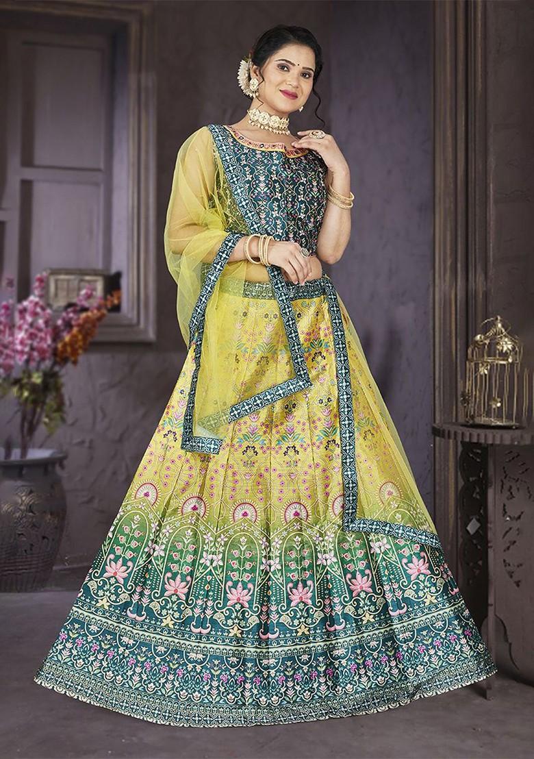 Yellow Printed Blended Lehenga Choli - Indya