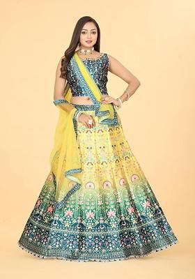 Yellow Printed Blended Lehenga Choli