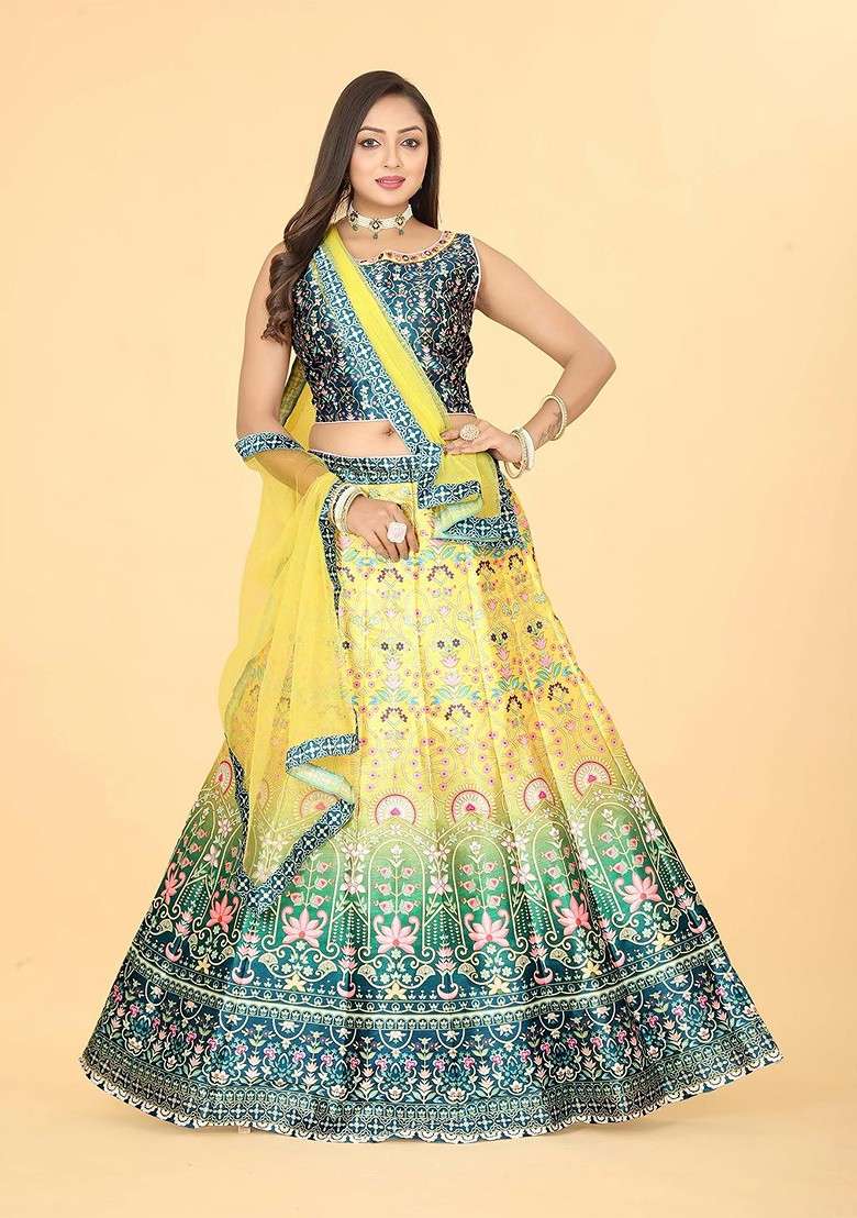 Yellow Printed Blended Lehenga Choli - Indya