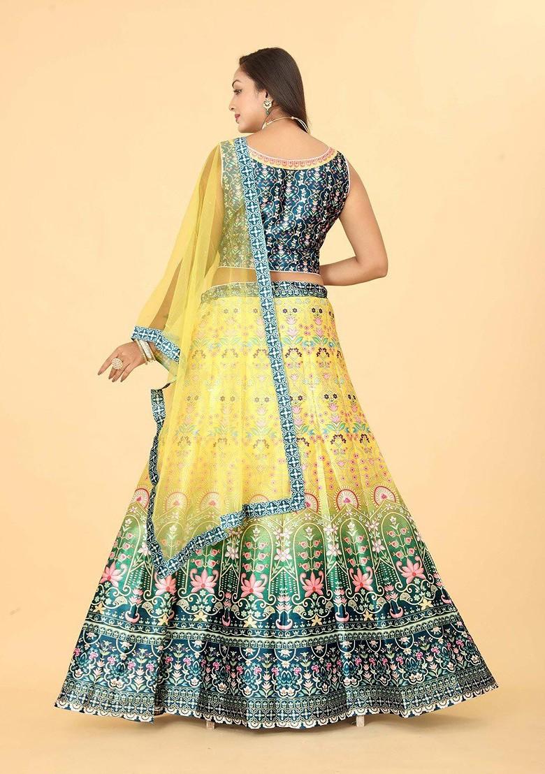 Yellow Printed Blended Lehenga Choli - Indya