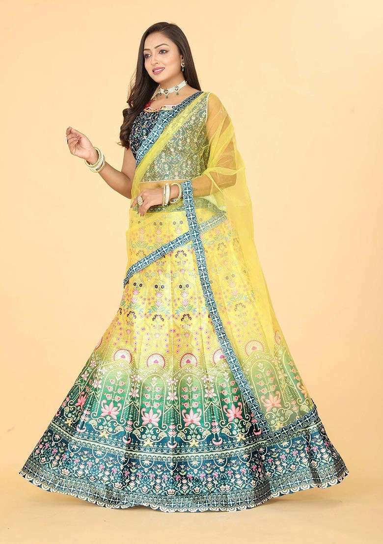Yellow Printed Blended Lehenga Choli - Indya
