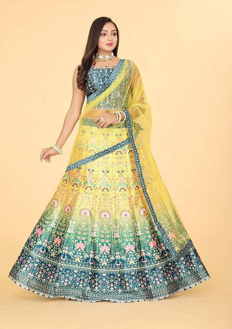 Yellow Printed Blended Lehenga Choli - Indya