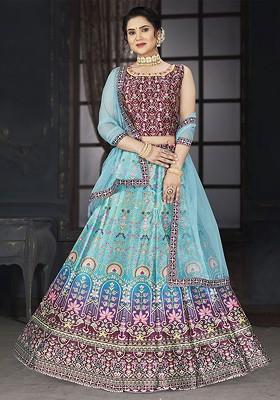 Blue Printed Blended Lehenga Choli