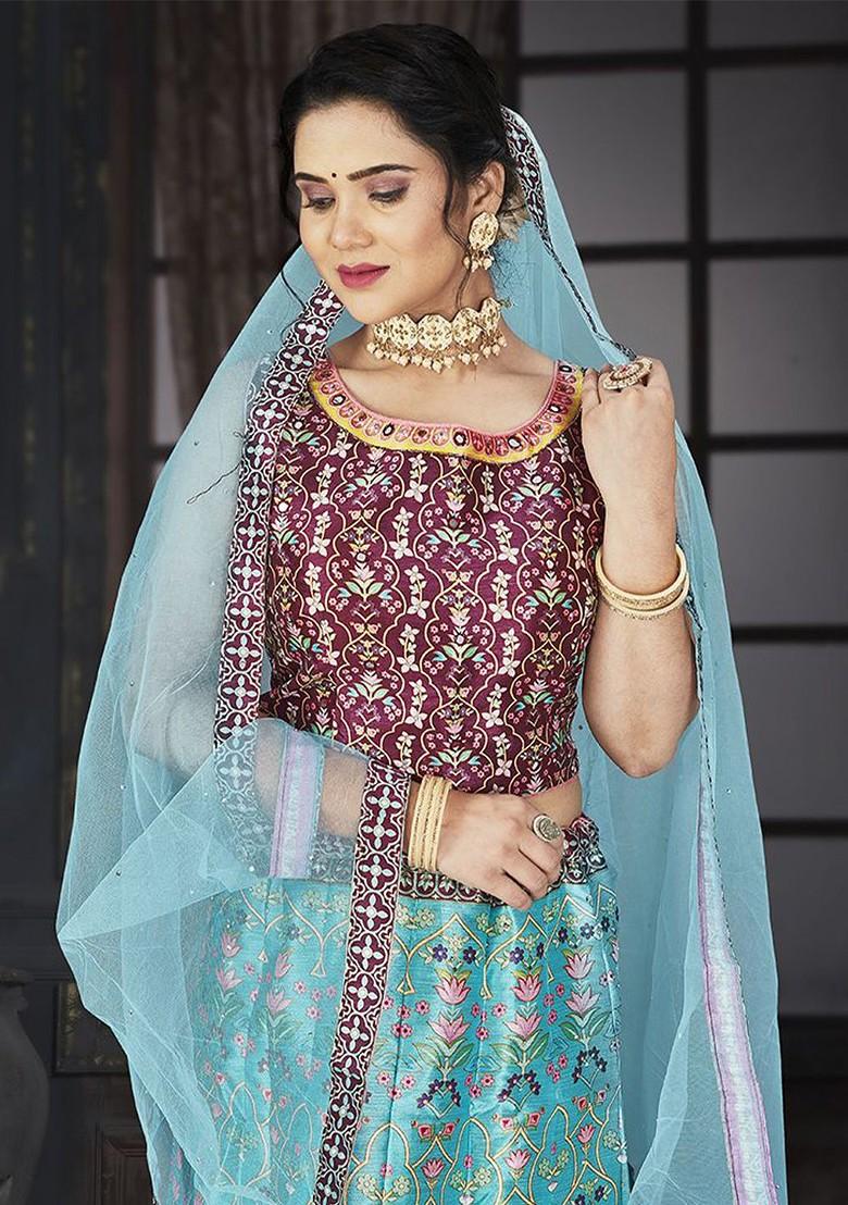 Blue Printed Blended Lehenga Choli - Indya