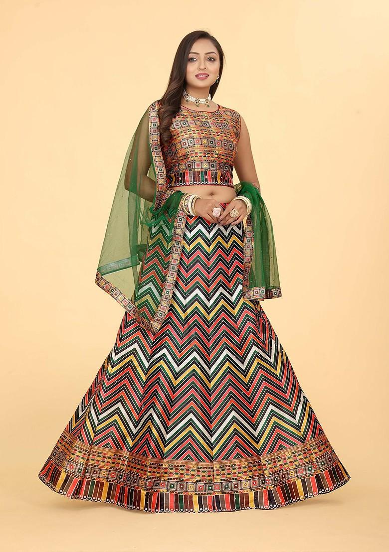 Red Printed Blended Lehenga Choli - Indya