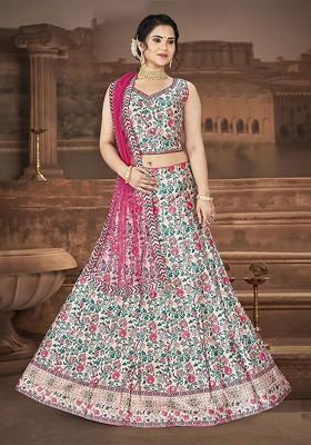 White Printed Blended Lehenga Choli