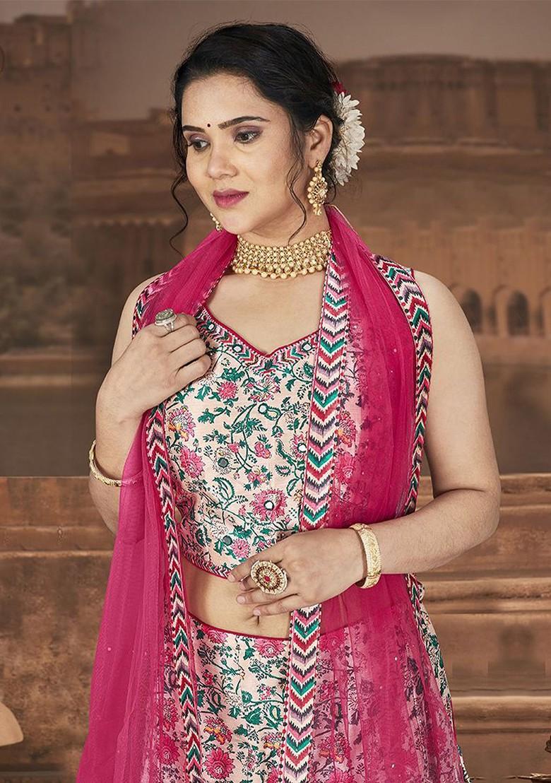 White Printed Blended Lehenga Choli - Indya