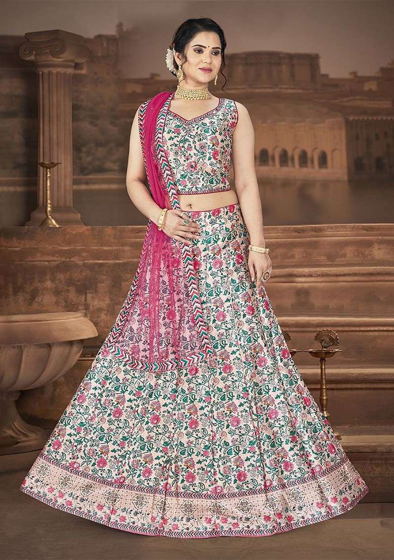 White Printed Blended Lehenga Choli - Indya