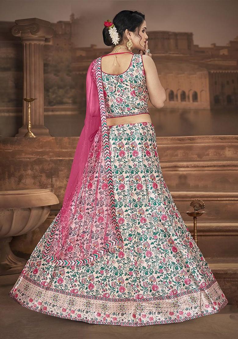 White Printed Blended Lehenga Choli - Indya