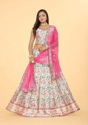 White Printed Blended Lehenga Choli
