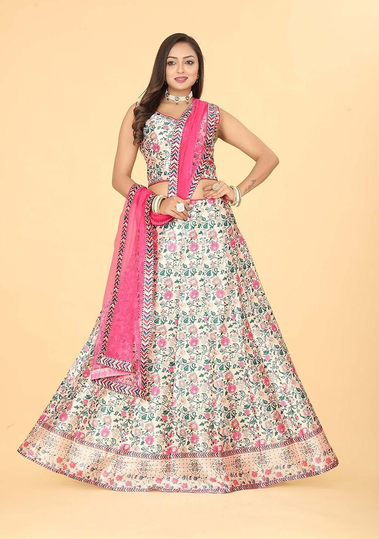 White Printed Blended Lehenga Choli - Indya