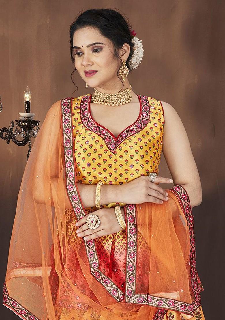 Yellow Printed Blended Lehenga Choli - Indya