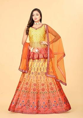 Yellow Printed Blended Lehenga Choli