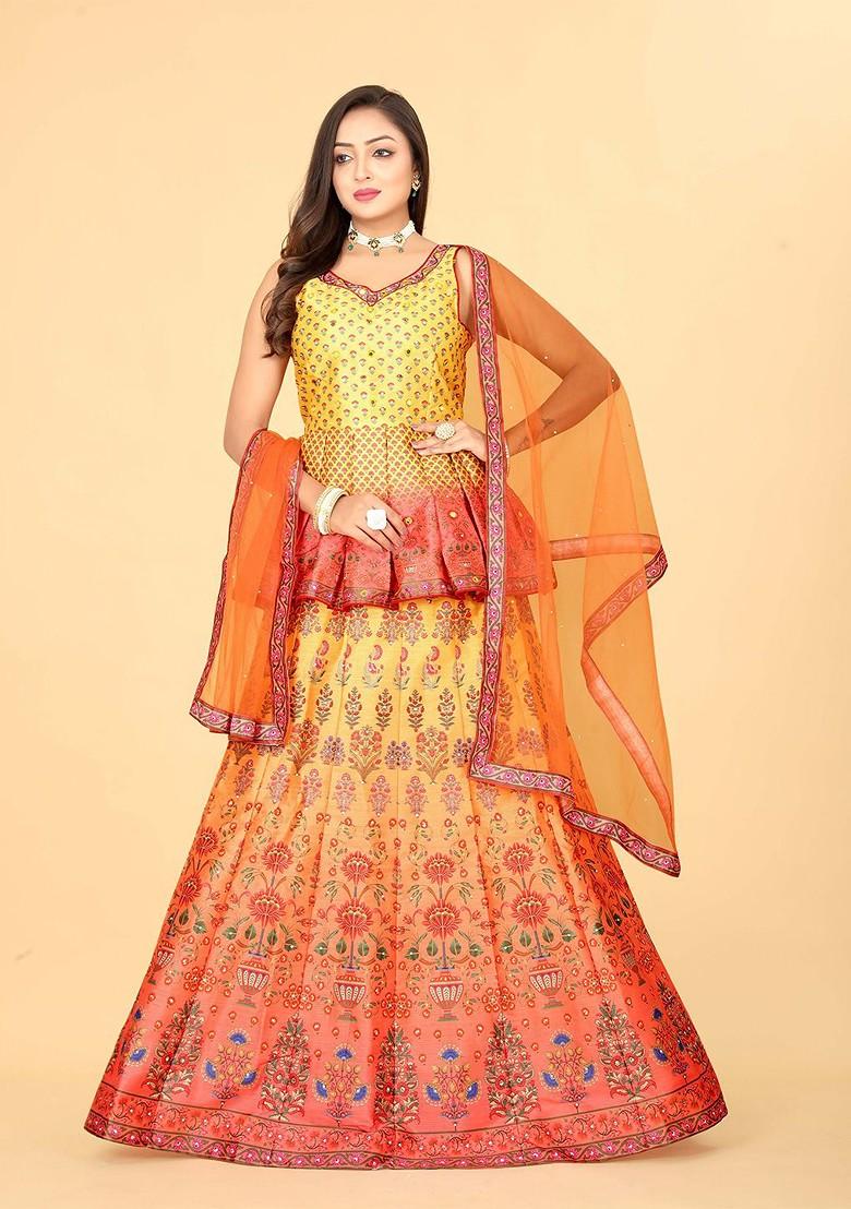 Yellow Printed Blended Lehenga Choli