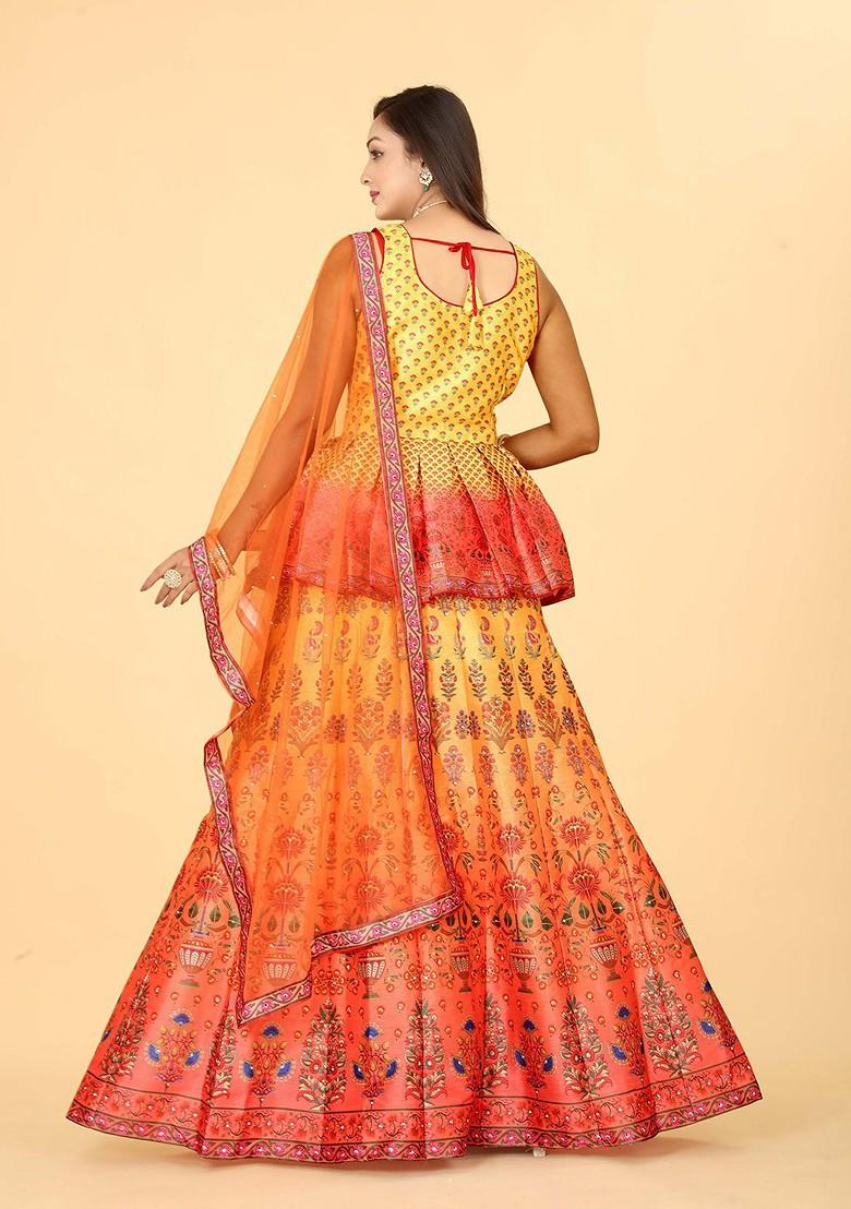 Yellow Printed Blended Lehenga Choli