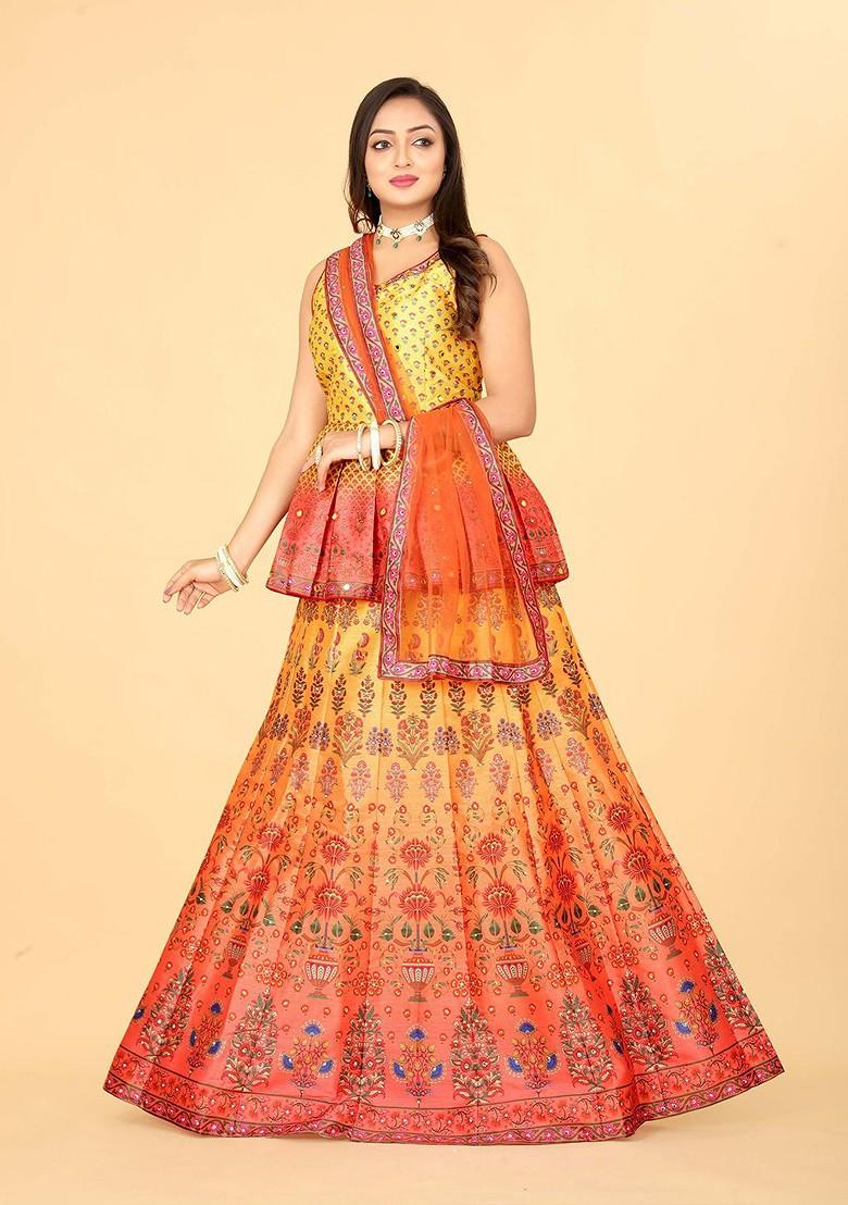 Yellow Printed Blended Lehenga Choli - Indya