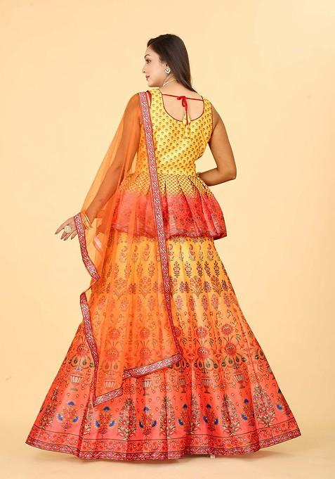 Yellow Printed Blended Lehenga Choli