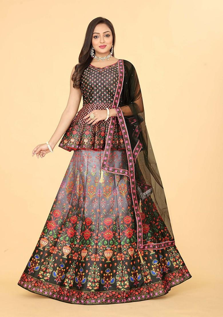 Black Printed Blended Lehenga Choli - Indya