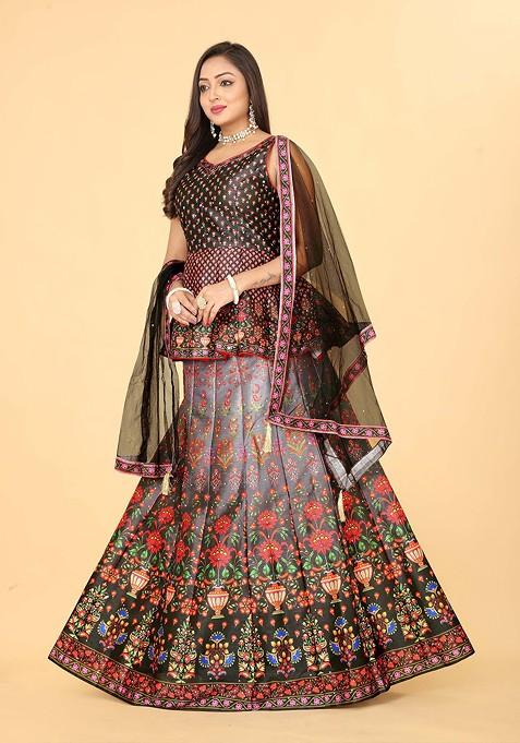 Black Printed Blended Lehenga Choli