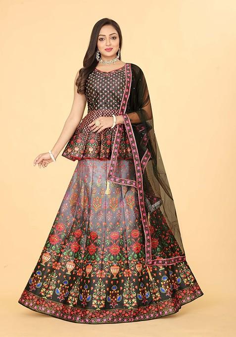 Black Printed Blended Lehenga Choli