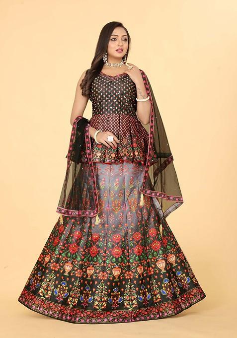 Black Printed Blended Lehenga Choli