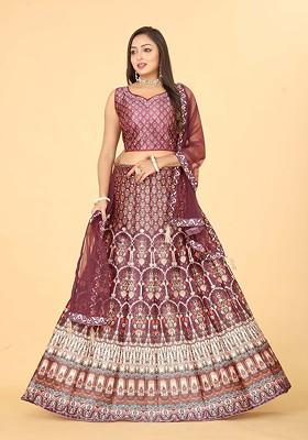 Maroon Printed Blended Lehenga Choli