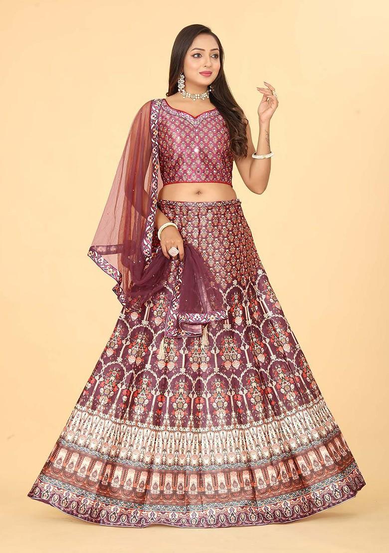 Maroon Printed Blended Lehenga Choli - Indya