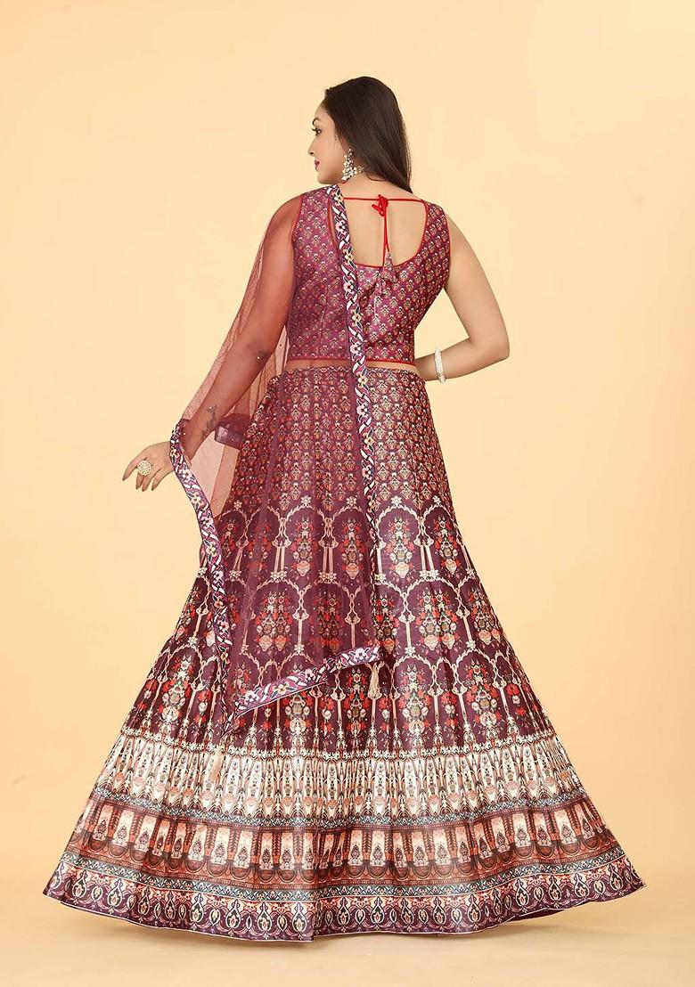 Maroon Printed Blended Lehenga Choli